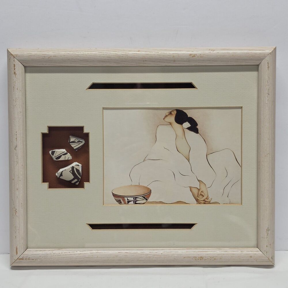 Vintage 80s RC Gorman Zia "The Pottery Keeper" Navajo Art Print w Pottery Shards